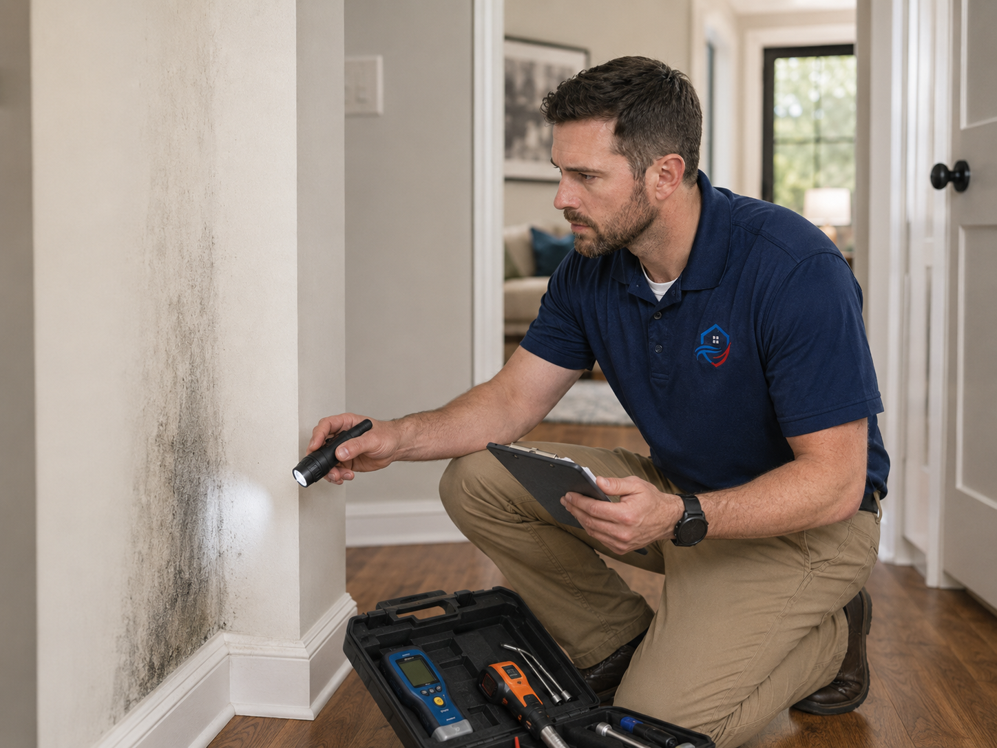 Inspector performing a property assessment and visual mold inspection inside a home