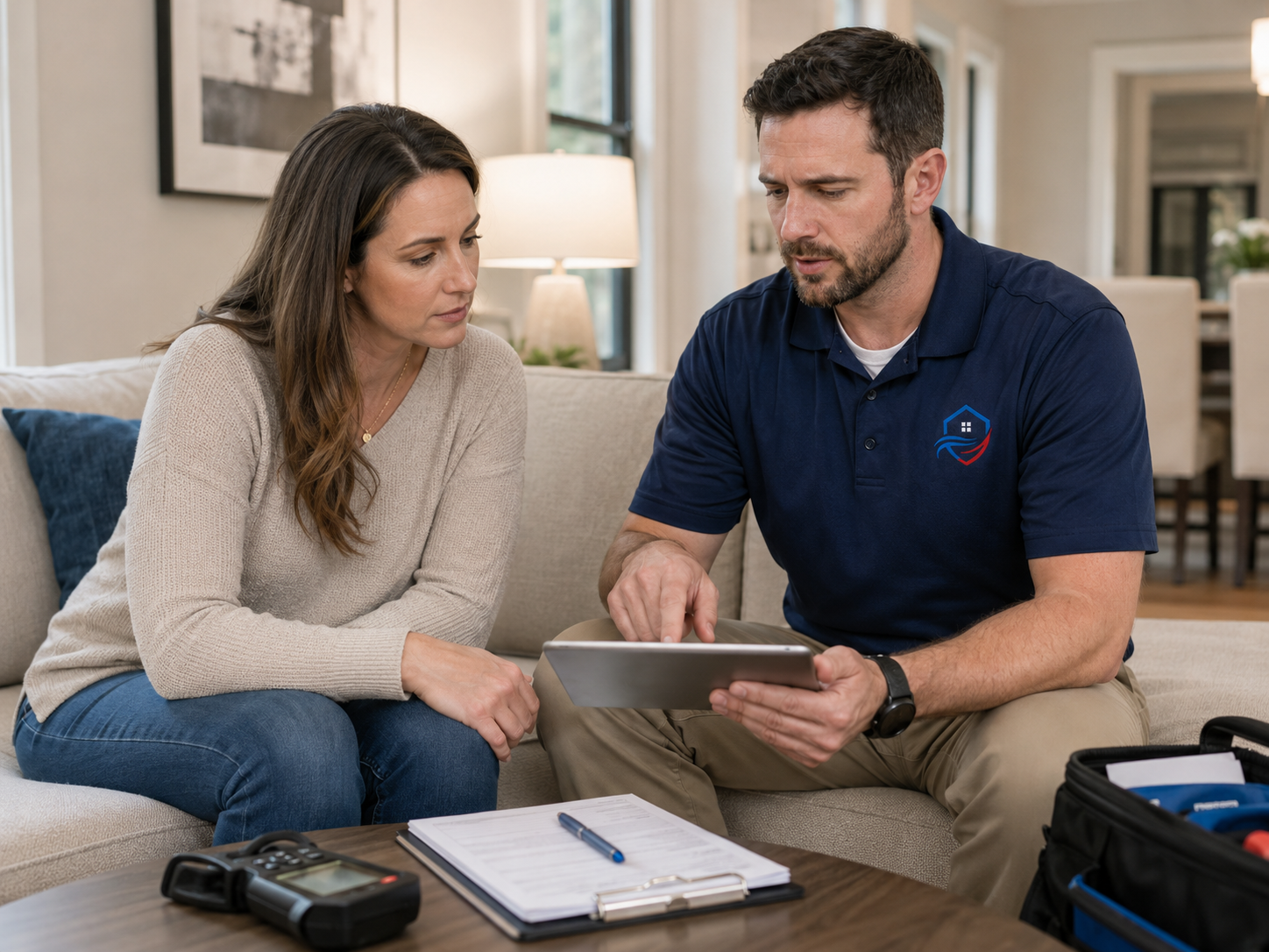 Inspector explaining clear next-step recommendations to a homeowner after the inspection