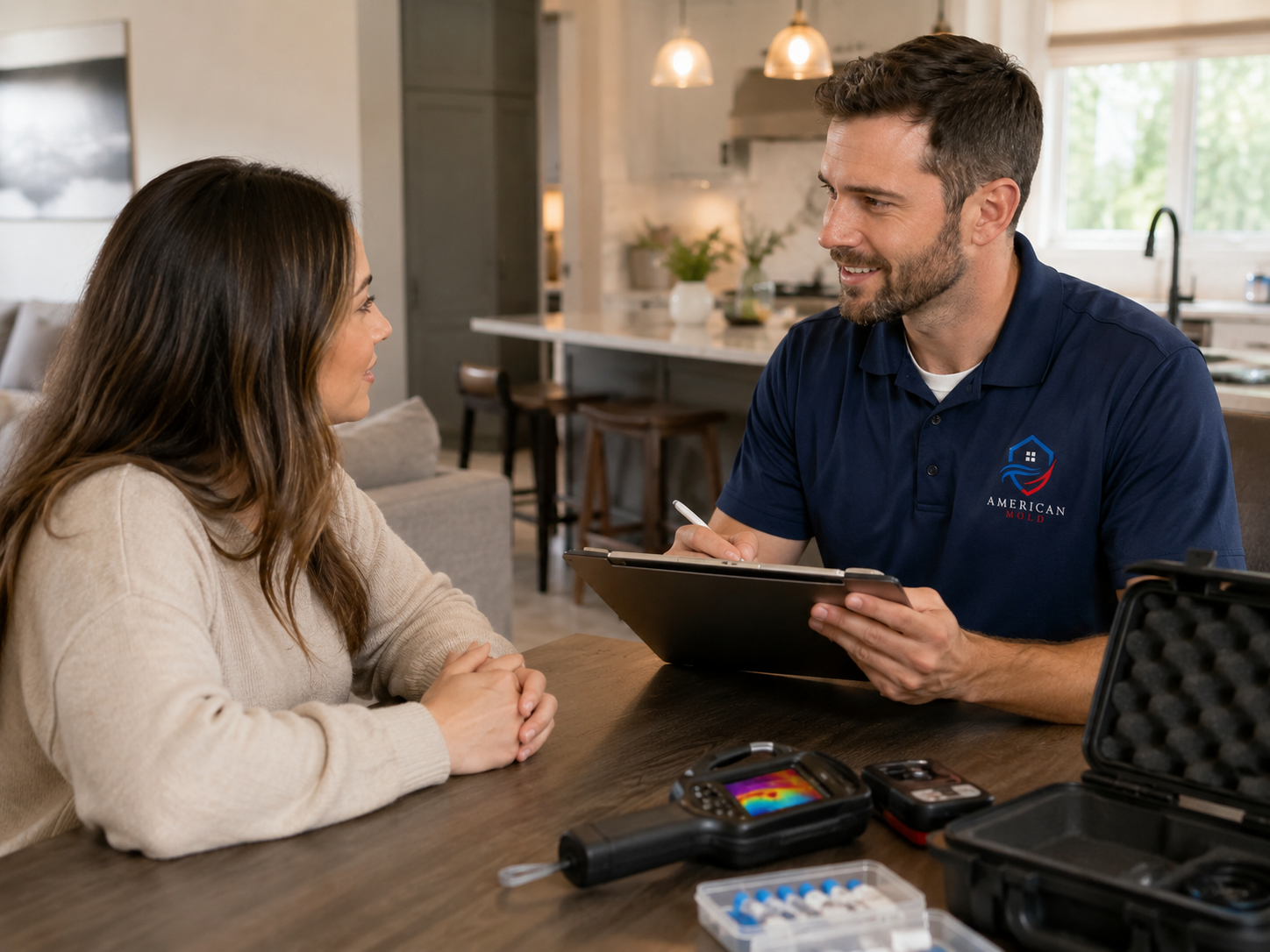 Inspector meeting with a homeowner to schedule and explain the mold inspection process